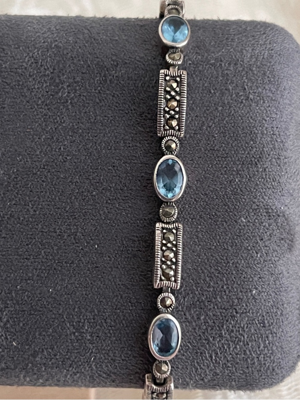 Vintage Sterling Silver Blue Stone and Marcasite Link Bracelet